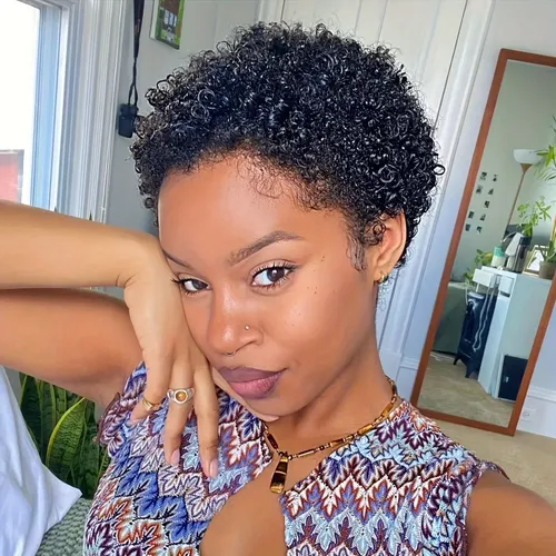 Peluca Corta Rizada Para Mujer Afro, 100% Rizada
