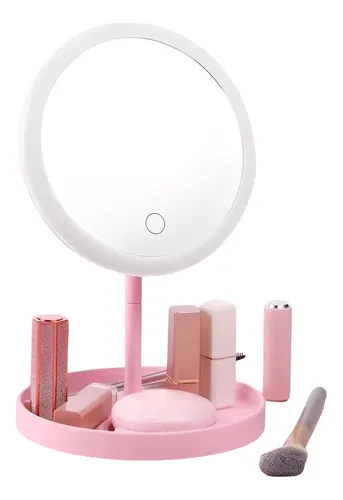 Espejo Maquillaje Portatil Tactil Con Luz Led Recargable Marco Rosa claro