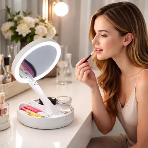 Espejo Para Maquillaje Doble C/ Aumento 10x Y Luz Led Blanco