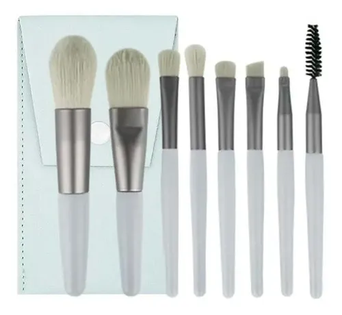Set 8 Brochas Maquillaje Mini Travel Con Estuche Color Celeste