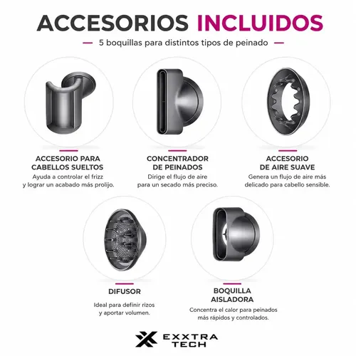 Secador de Pelo Profesional Exxtra Tech con 5 Boquillas Magnéticas y Soporte de Pared, 2000W Iónico Color Fucsia