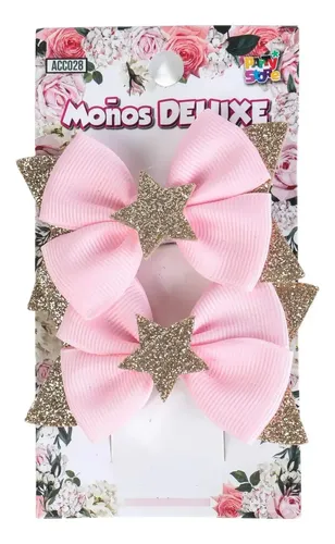 Hebillas Moño Deluxe Rosado Con Estrella Glitter X2 Unid Rosa