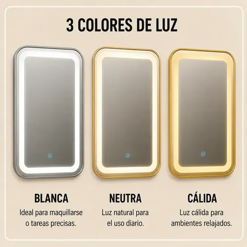 Espejo Rectangular 50x70cm Táctil Luz Led Baño Dormitorio