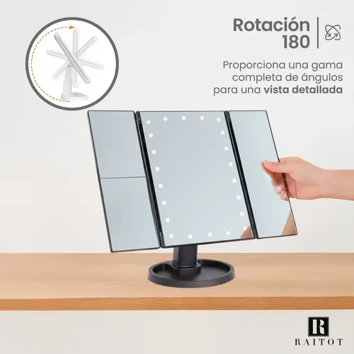 Espejo Aumento Luz Maquillaje Giratorio Tactil Touch De Mesa Marco Negro Raitot