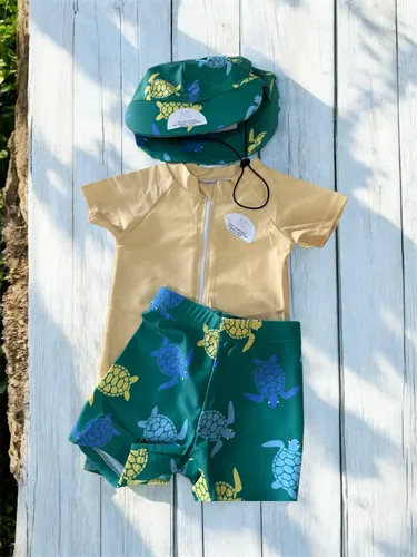 Traje De Baño Bebé Remera, Short Y Gorro
