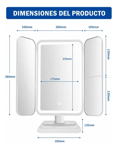 Espejo Maquillaje Led Tríptico Plegable Recargable Usb Touch