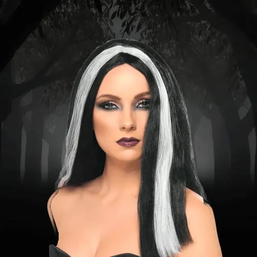 Party Store- Peluca Morticia Negra Y Blanca Cotillon Dizfraz