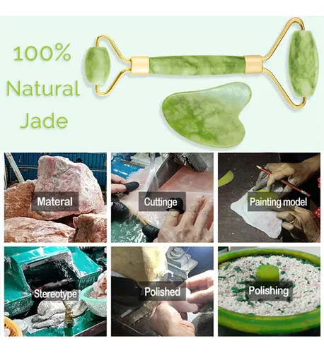 Set Gua Sha Y Rodillo Facial Dsenfurn Piedra Jade Verde