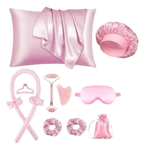 Conjunto Sueño Y Cuidado Piel Y Cabello De Satén Rosa Malva