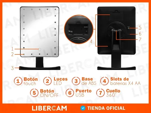 Espejo Maquillaje Tactil Luz 16 Led 3 Modos Touch Usb