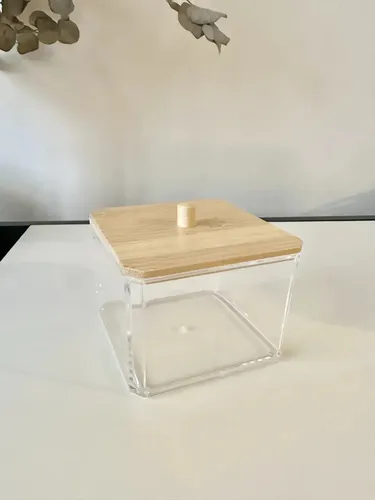 Organizador Maquillaje Acrílico Benabi Tapa Bambú Diseño Cuadrado