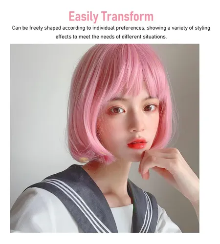 2026 Peluca Rosa Corta Bob, Hermosa Peluca Recta Bob Con