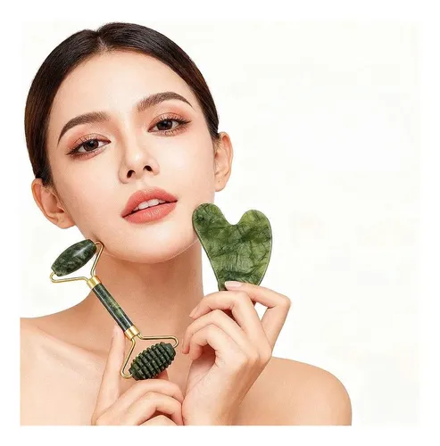 Set Rodillo Y Gua Sha Cuarzo Negro Para Masaje Facial
