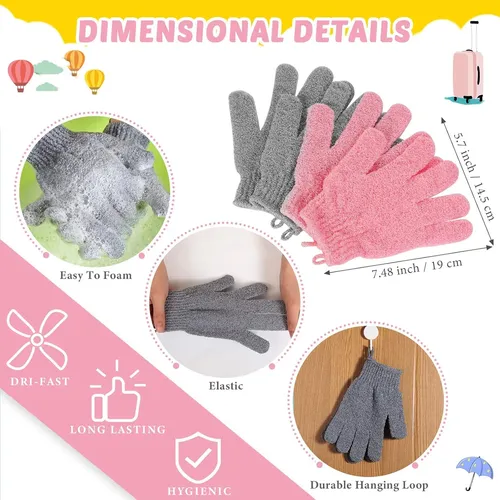 Set 4 Exfoliantes Baño Rosa Y Gris Con Guantes Ducha