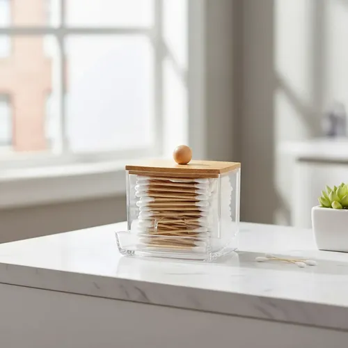 Organizador Cosméticos Maquillaje Acrílico Tapa Bambú 7x8cm