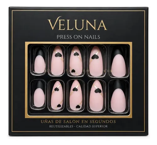 Uñas Postizas Press On Nails Veluna Reutilizables Diseños Variados – Black Heart French