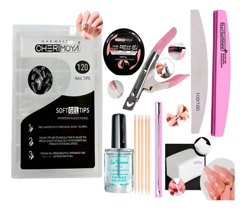 Tips Soft Gel Cherimoya Kit, Gel Sólido, Primer, Wipes, Lima