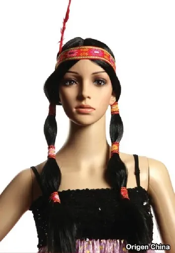 Peluca India con Pluma Trenzas Negra Party Modelo PSP07