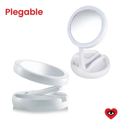 Espejo Plegable Maquillaje Zoom Usb Luz Led Doble Aumento Marco Blanco Veoquiero