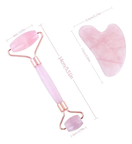 Set Rodillo Y Gua Sha Cuarzo Rosa Facial Y Corporal