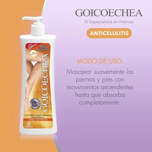 Goicoechea Crema Anticelulitis Con Cellumodel X 400ml Tipo de envase Botella Fragancia S/S Tipos de piel Todo tipo de piel