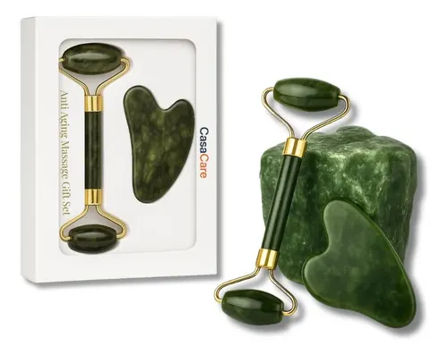 Set Gua Sha Y Rodillo Facial Jade Casacare Verde Oscuro