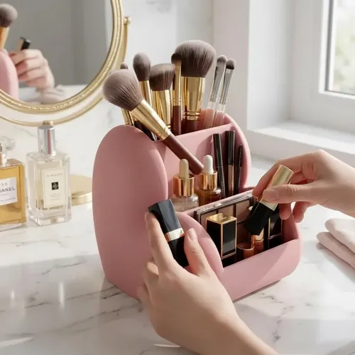 Organizador De Maquillaje Escritorio Forma Corazón Rosa