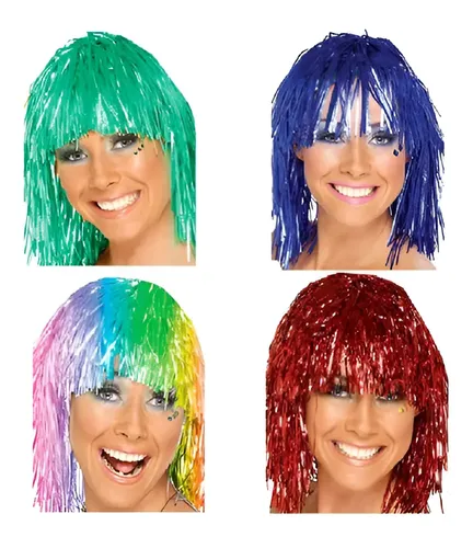 Peluca Metalizada Celeste Rockstar Manzana Cotillon Fiestas Carnaval