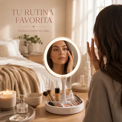 Espejo De Maquillaje Led Redondo Con Base Organizadora Luz