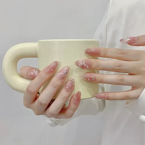 Uñas Postizas Rosa Brillante Estilo Ojo De Gato