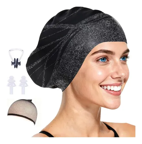 Gorro De Natación Silicona Largo, Elástico, Negro Negro