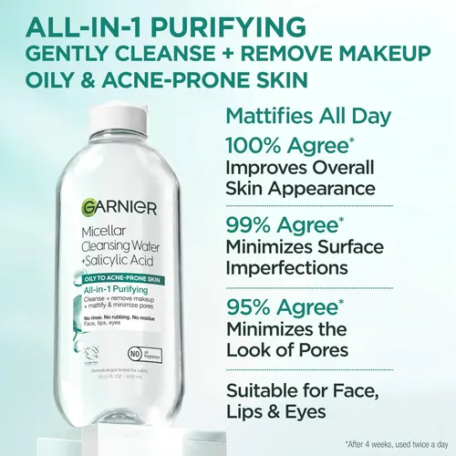 Garnier Agua Micelar Con Ácido Salicílico, Limpiador Facial