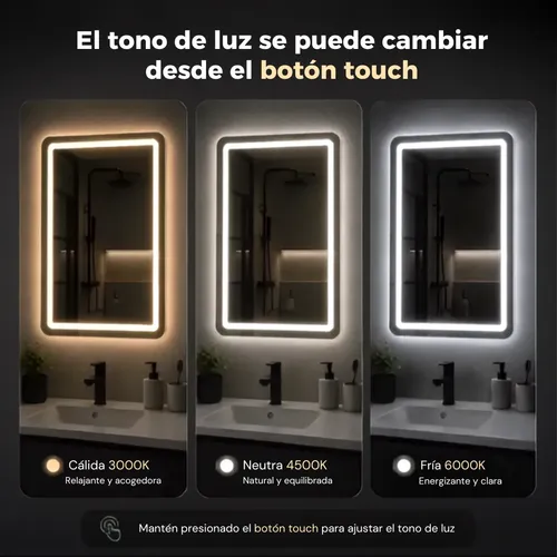 Espejo Led 50×70 Cm Luces Fria Calida Neutra Y Antiempañante