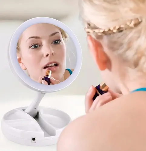 Espejo Luz Led Maquillaje Tocador Con Aumento Plegable Usb Marco Blanco