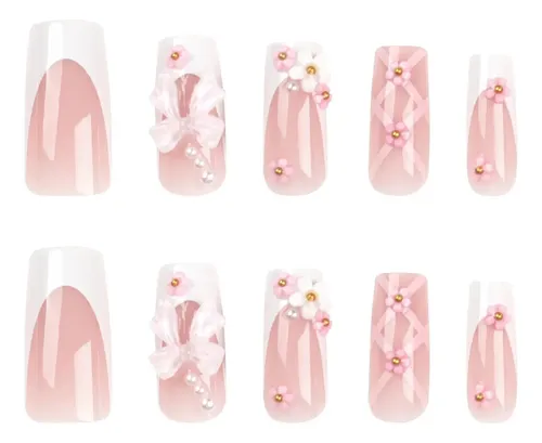 Uñas Postizas Con Lazo Rosa, Adhesivos Para Uñas.
