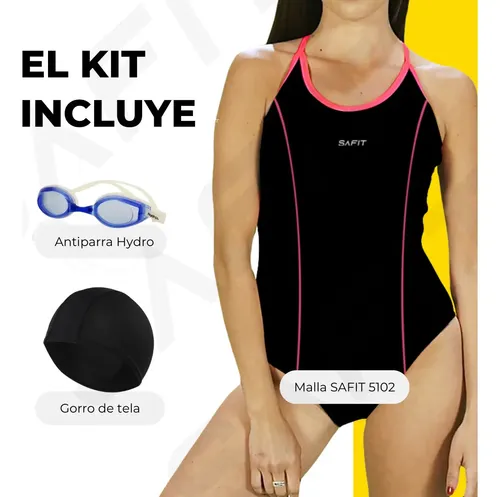 Combo Malla Natacion Bretel Fino + Antiparras + Gorro Tela