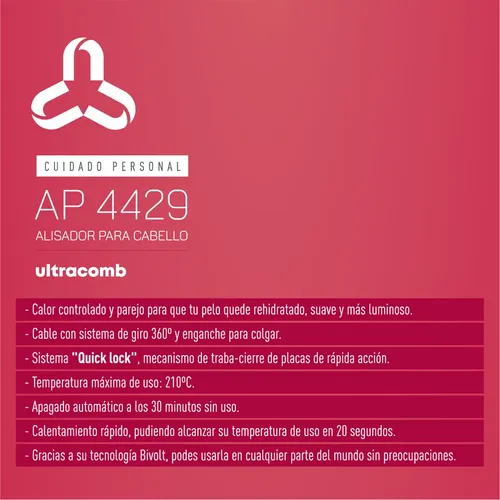 Planchita De Cabello Ultracomb Ap-4429 36w Ion 3 Temp