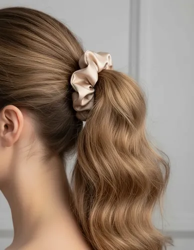 Scrunchie Colita Negra Y Beige Satén Premium Anti Frizz X2