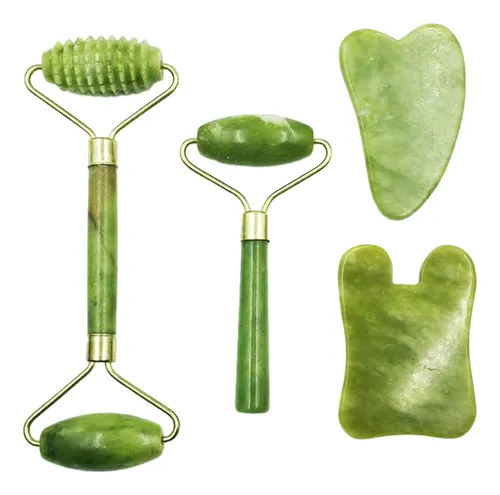 Set Masajeador Facial Gua Sha Y Rodillo Meluvora Verde
