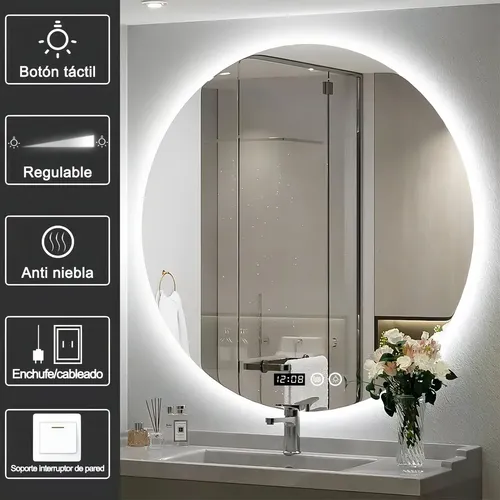 Espejo de Baño Redondo con Luz LED, 60 cm, Antivaho y Táctil
