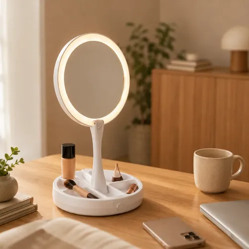 Espejo De Maquillaje Led Redondo Con Base Organizadora Luz