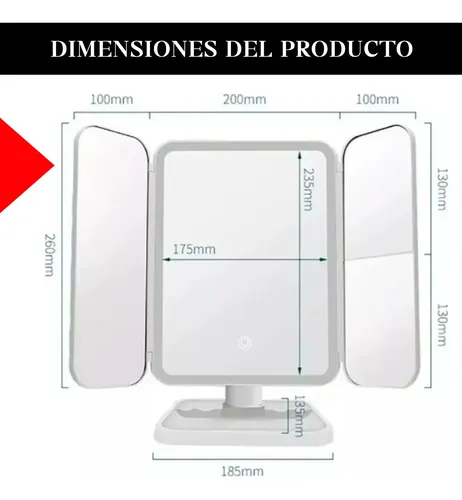 Espejo Triple Con Luz Led Usb Maquillaje Triptico Makeup