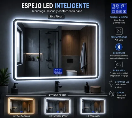 Espejo Inteligente Led Con Pantalla Multifunción, Bluetooth