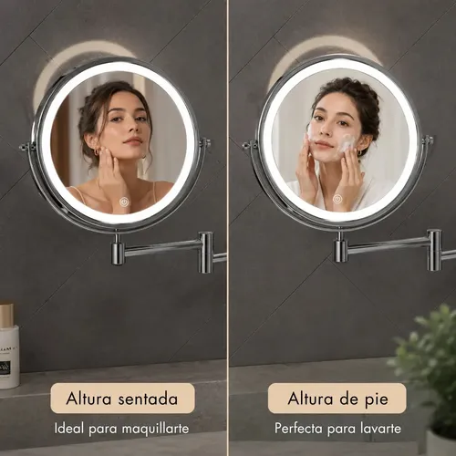 Espejo LED Para Baño Y Maquillaje Aumento 3X Recargable USB Brazo Doble Extensible Giratorio PatiosCrafts Luz Regulable Táctil Instalación Sin Agujeros – Color Gris