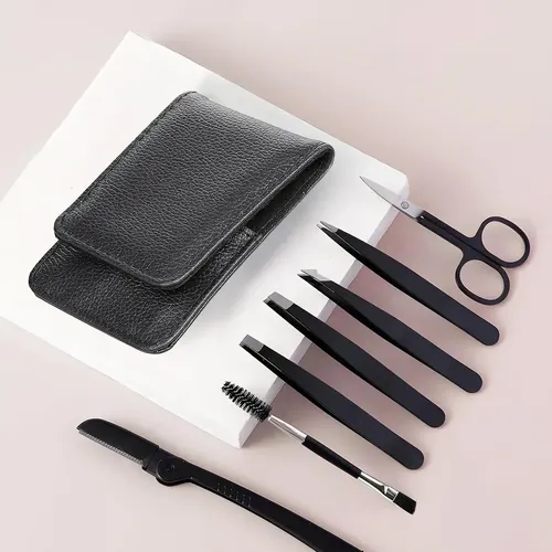 Kit 7 Piezas Cejas: Pinzas Y Tijeras Con Estuche Negro