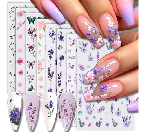 Pegatinas De Uñas Wenewfine 3d Con Forma De Flor Rosa Y Púrp