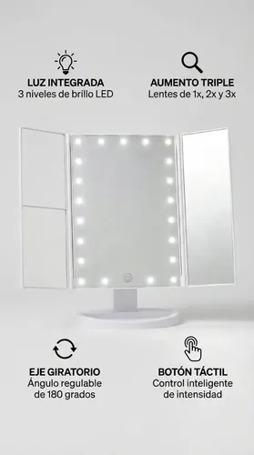 Espejo Maquillaje Giratorio 22 Led 3 Aumentos Usb Bateria Blanco Triple Tactil Led Luz 3 Paneles Plegable Portatil Iluminacion Perfecta