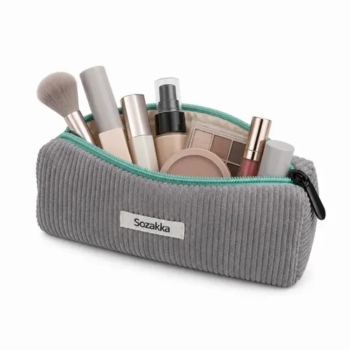 Neceser de Corderoy Gris para Maquillaje y Cosméticos con Cierre