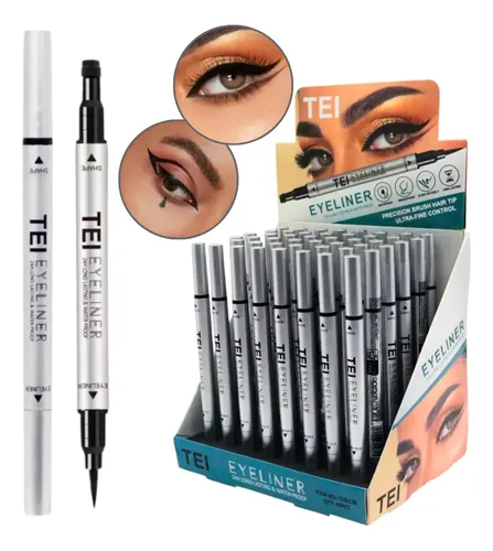 Lapiz Delineador Doble Punta Eyeliner 24hs Waterproof Tei Negro Brillante