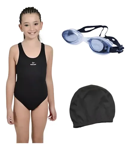 Malla Natación Nena Buen Nado Negro 101 + Gorro + Antiparras